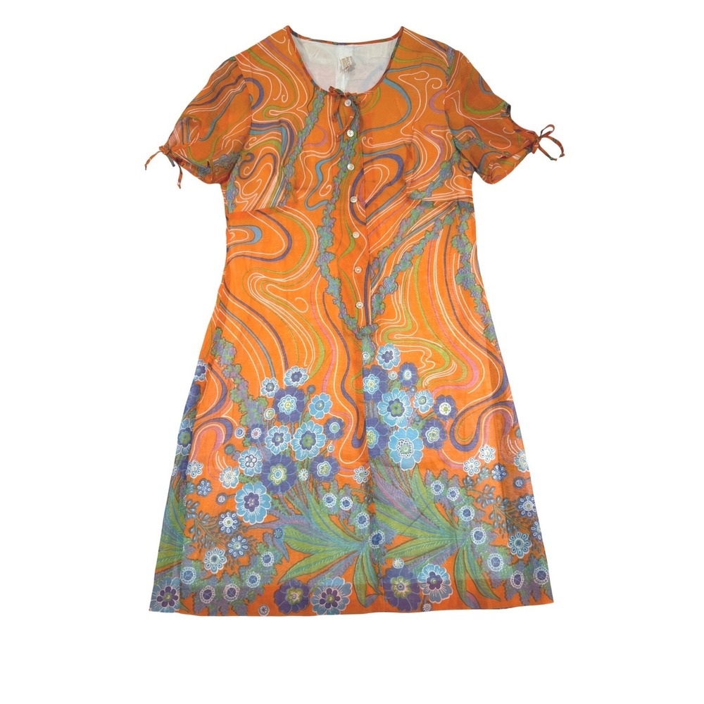 Vintage 60s 70s Dacron Baumwolle Shift Dress Womens S M 42 Orange Mod Hippie